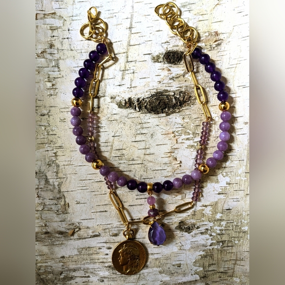 Natural Purple Jade & Amethyst Two Strand Bead In Paperclip Chain Necklace - Picture 7 of 10